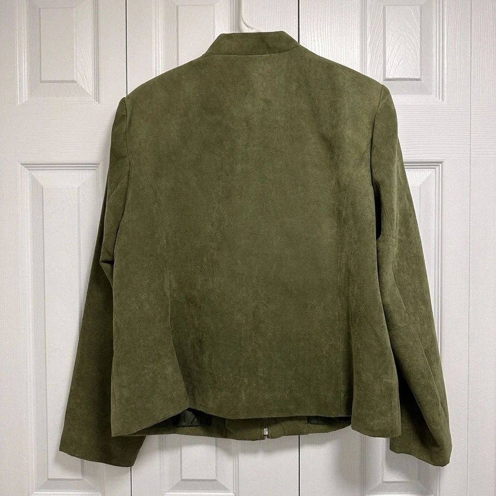 Dressbarn Women Olive Green Soft Suede Jacket Full Zip Front Lined Ruffles